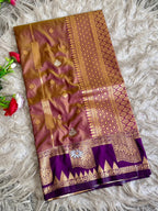 Dusty muvua burgandy premium soft silk saree with warm antique gold sheen of triangular temple style motifs with blouse