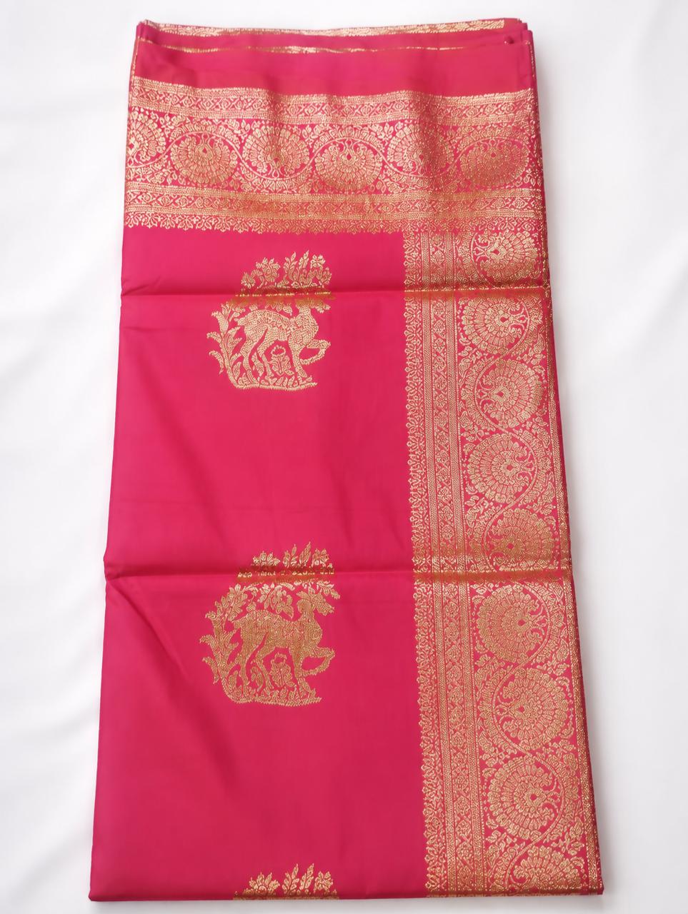 Peach rose soft silk saree of hiran design with fabulous antique gold jareee with blouse