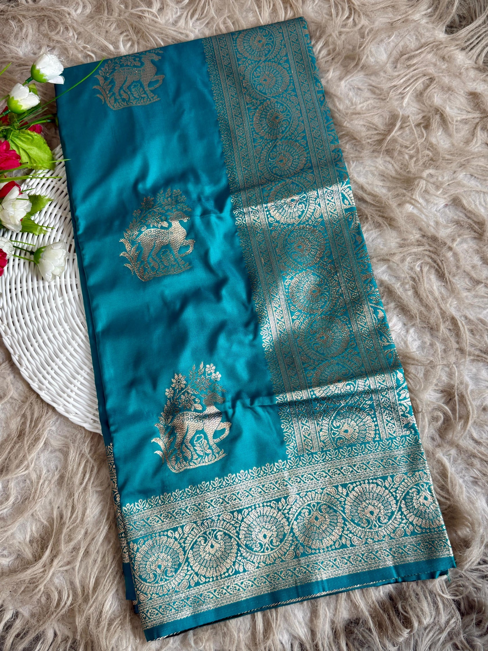 Antique peacock soft silk hiran design with banarasi gold jareee with blouse