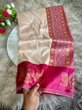 Blush beige soft silk saree with rich magenta pink border of mango design golden zari with blouse