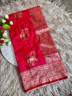 Red velvet soft silk saree of hiran design with fabulous antique gold jareee with blouse