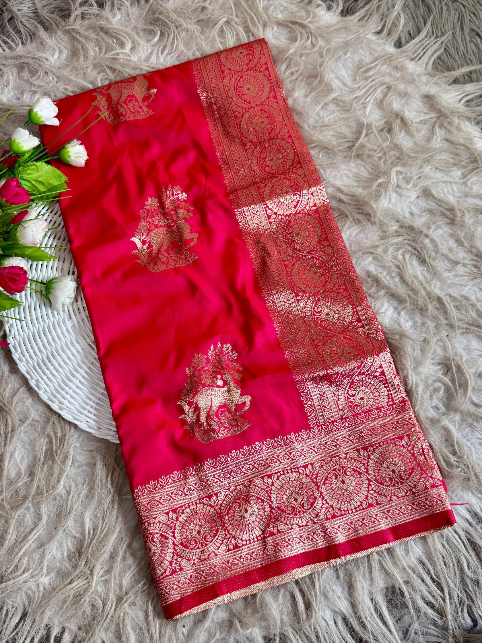 Red velvet soft silk saree of hiran design with fabulous antique gold jareee with blouse