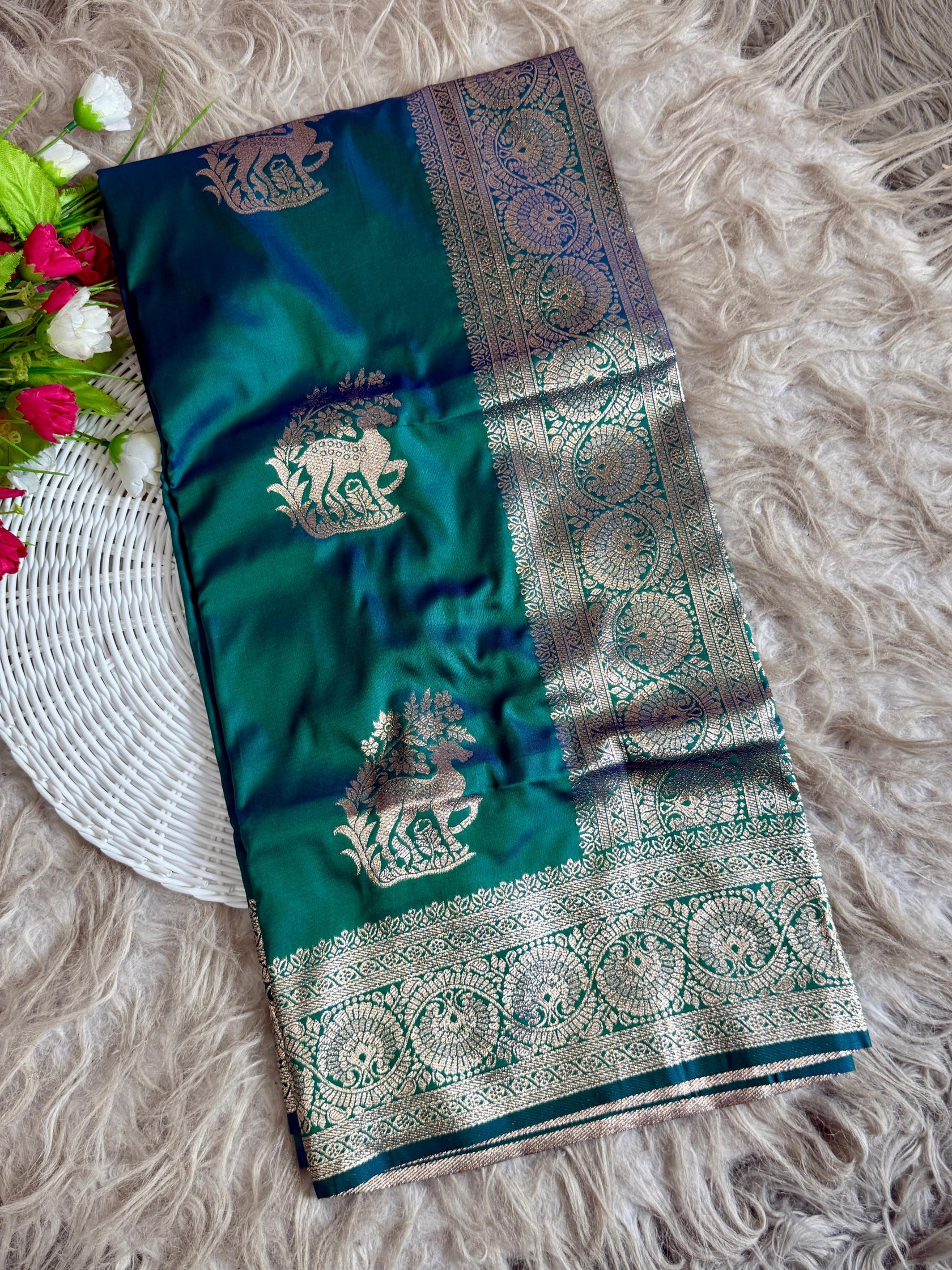 Mystic emerald tale soft silk hiran design with banarasi gold jareee with blouse