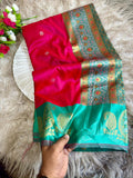 Classic red soft silk saree with aqua green border of Mango design antique gold zari with blouse