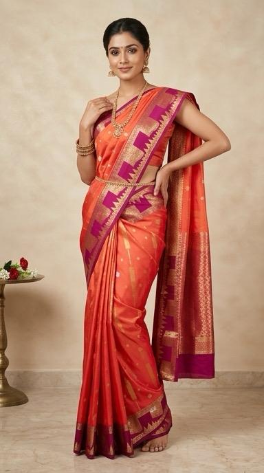 Coral orange premium soft silk saree of berry magenta triangular temple style motifs beneath the floral panels with blouse