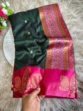Emerald green soft silk saree with rani pink border of mango jelly design antique gold zari with blouse