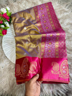 Golden beige soft silk saree with magenta pink border of mango jelly design golden zari with blouse