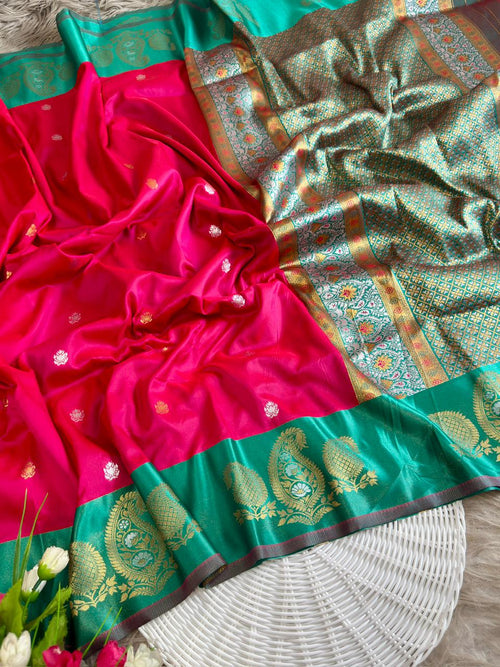 Classic red soft silk saree with aqua green border of Mango design antique gold zari with blouse