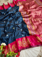 Sapphire blue soft silk saree with vibrant hot pink border of mango jelly antique gold jareee with blouse