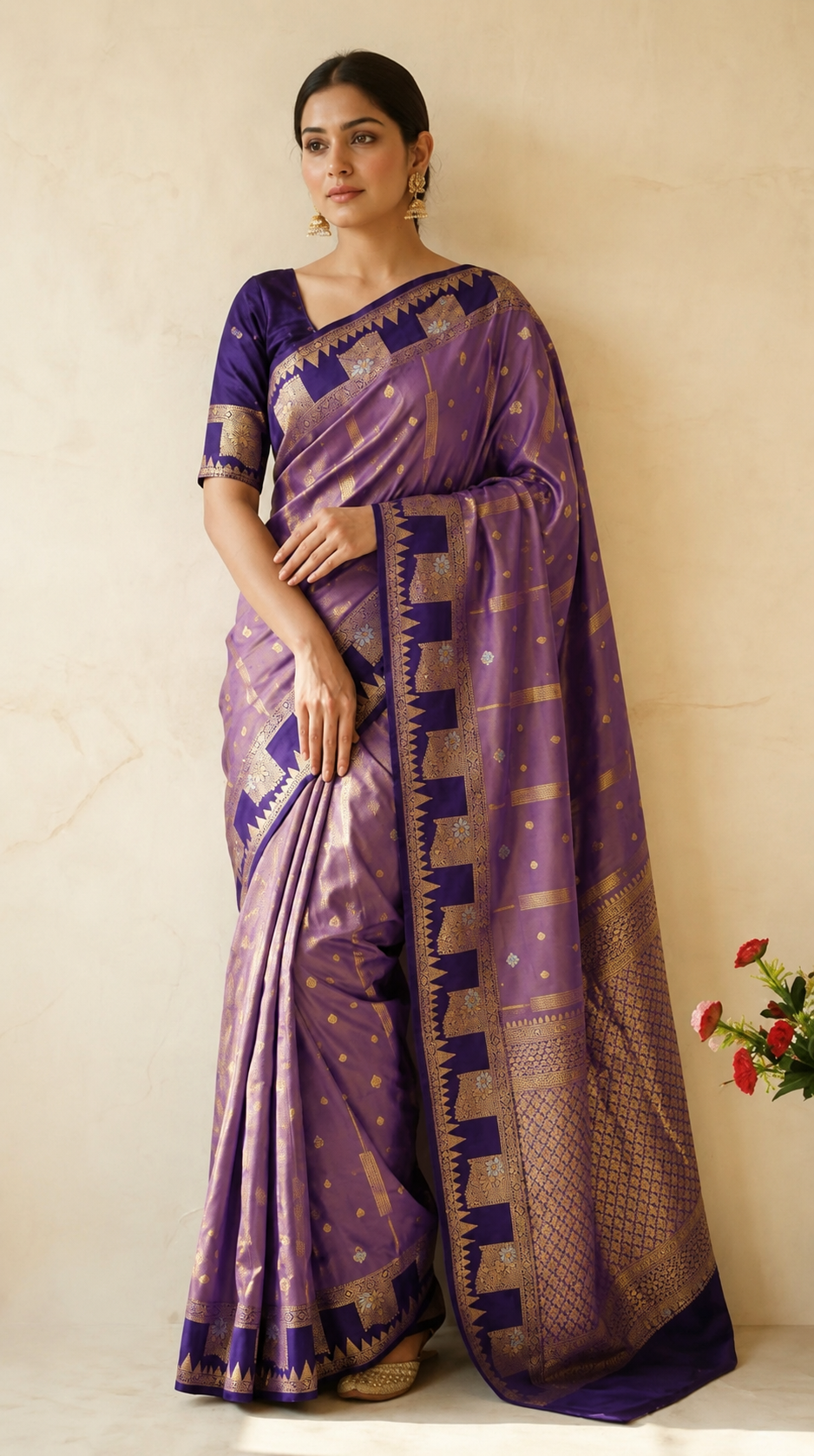 A gorgeous lavender purple soft silk saree of striking deep royal violet boarder and triangular temple style motifs Of gold and silver florals with blouse
