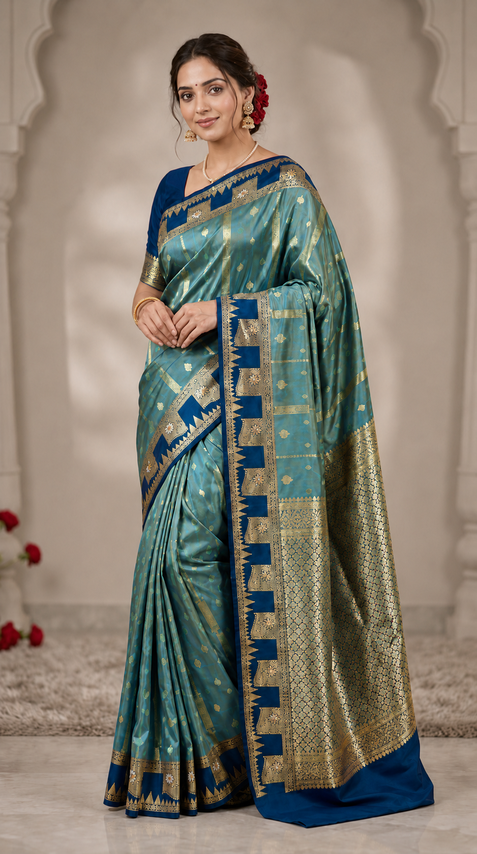 A beautiful peacock green silk saree with tale blue boarder of temple style motifs   with blouse