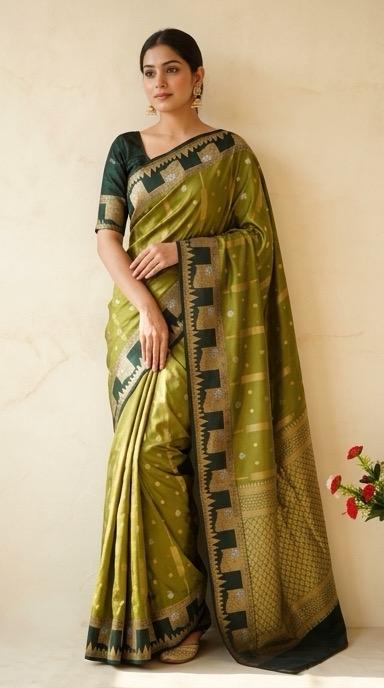A beautiful olive green soft silk saree and a striking boarder of deep peacock tale temple style motifs with blouse