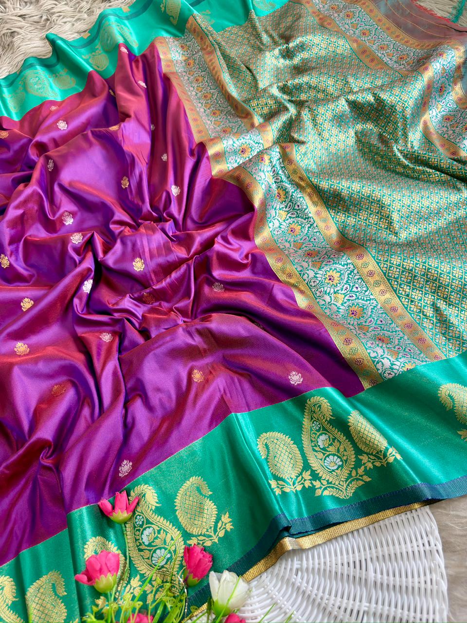 Deep plum purple soft silk saree with vibrant peacock green border of mango design antique gold jareee with blouse