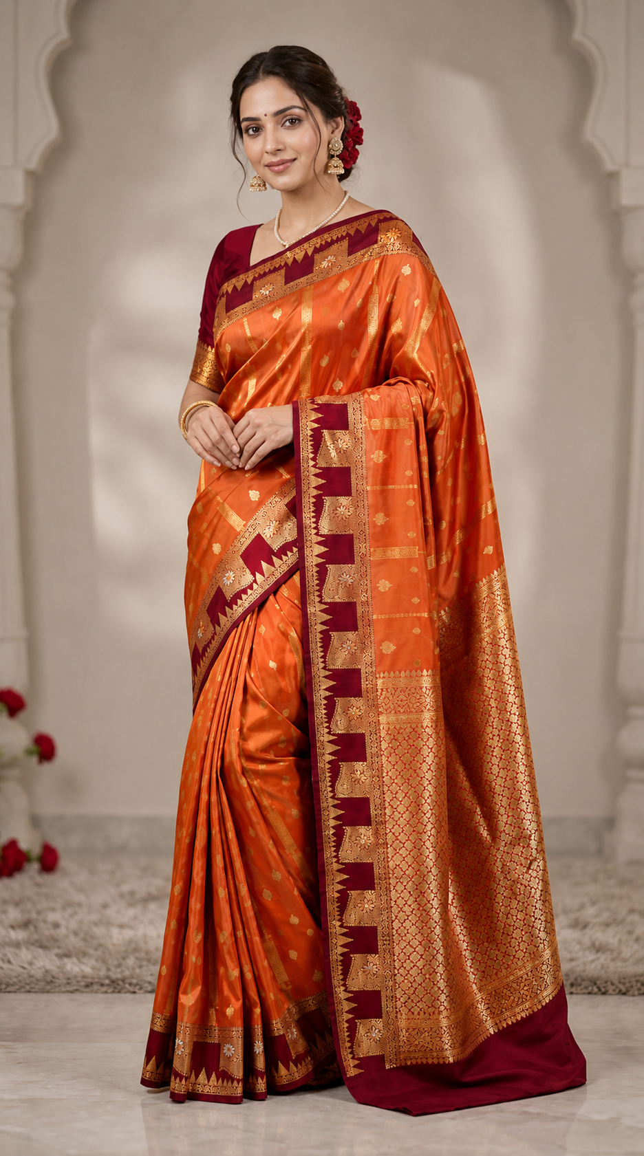 A fiery orange luxurious silk saree of burgundy shade boarder and golden zari of large floral panels with blouse