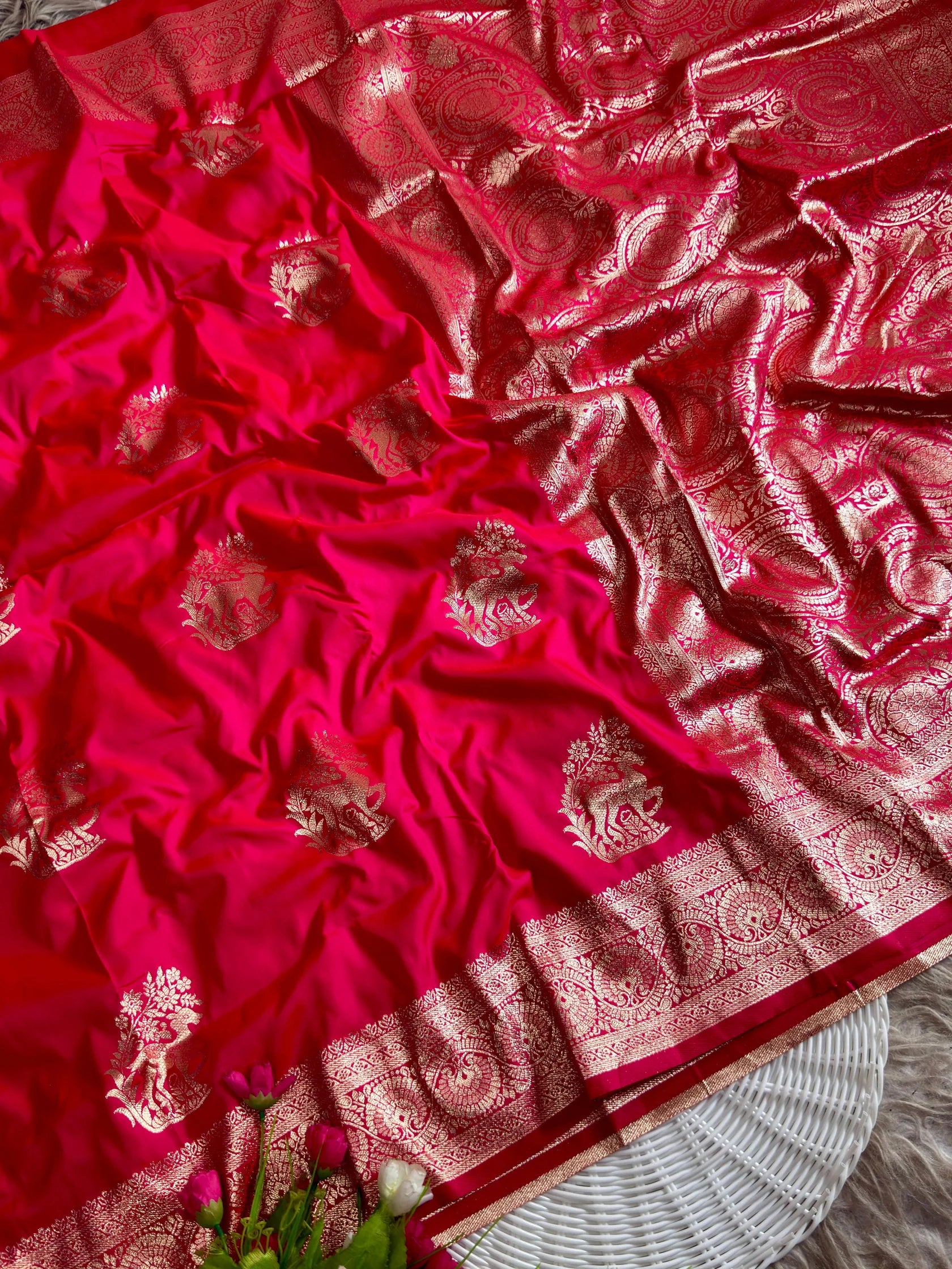 Red velvet soft silk saree of hiran design with fabulous antique gold jareee with blouse