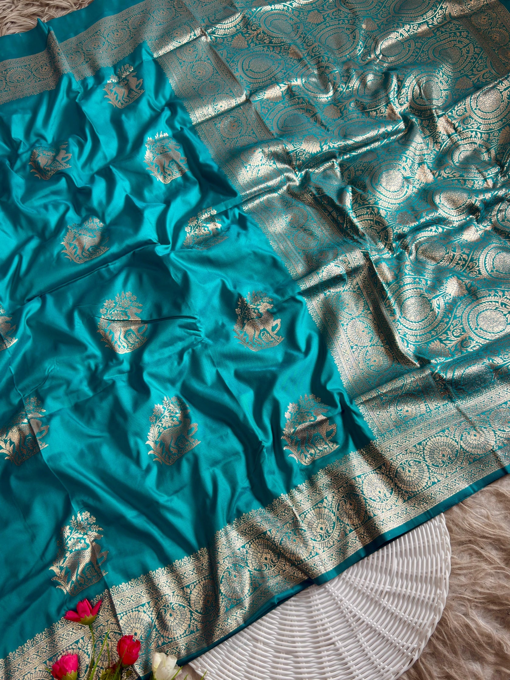Antique peacock soft silk hiran design with banarasi gold jareee with blouse