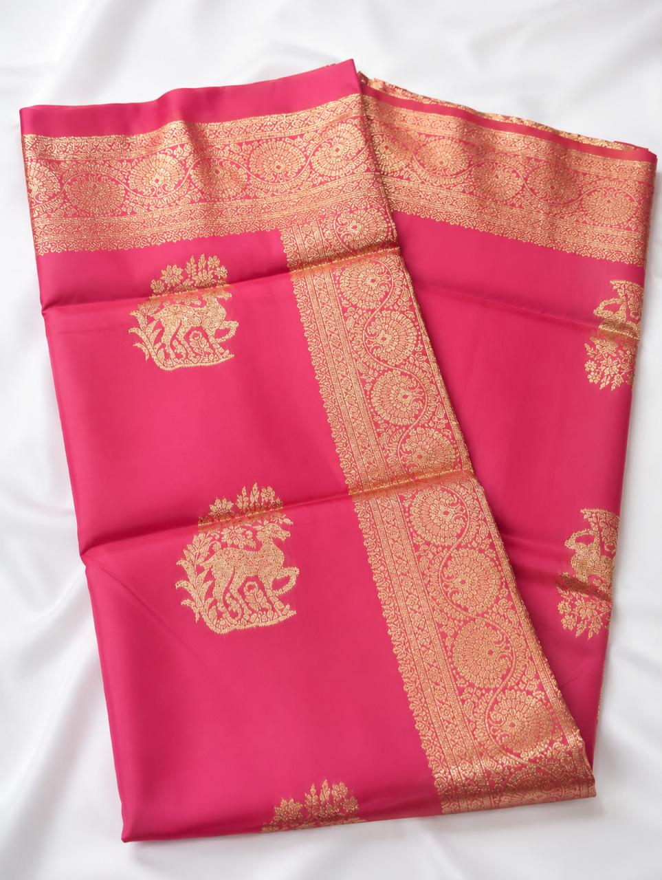 Peach rose soft silk saree of hiran design with fabulous antique gold jareee with blouse
