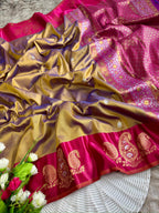 Golden beige soft silk saree with magenta pink border of mango jelly design golden zari with blouse