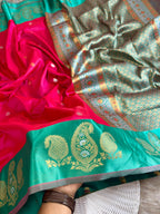 Classic red soft silk saree with aqua green border of Mango design antique gold zari with blouse