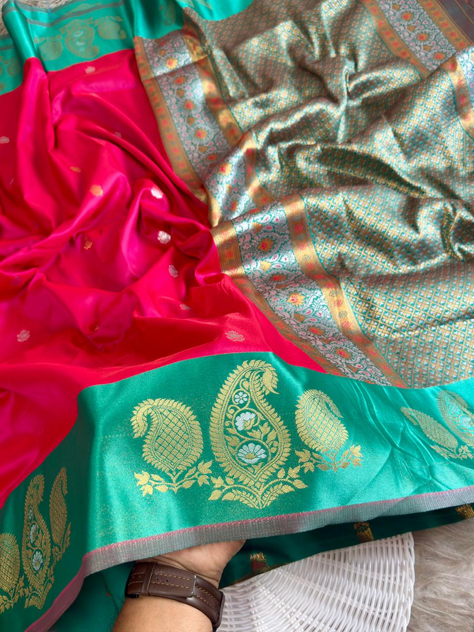 Classic red soft silk saree with aqua green border of Mango design antique gold zari with blouse