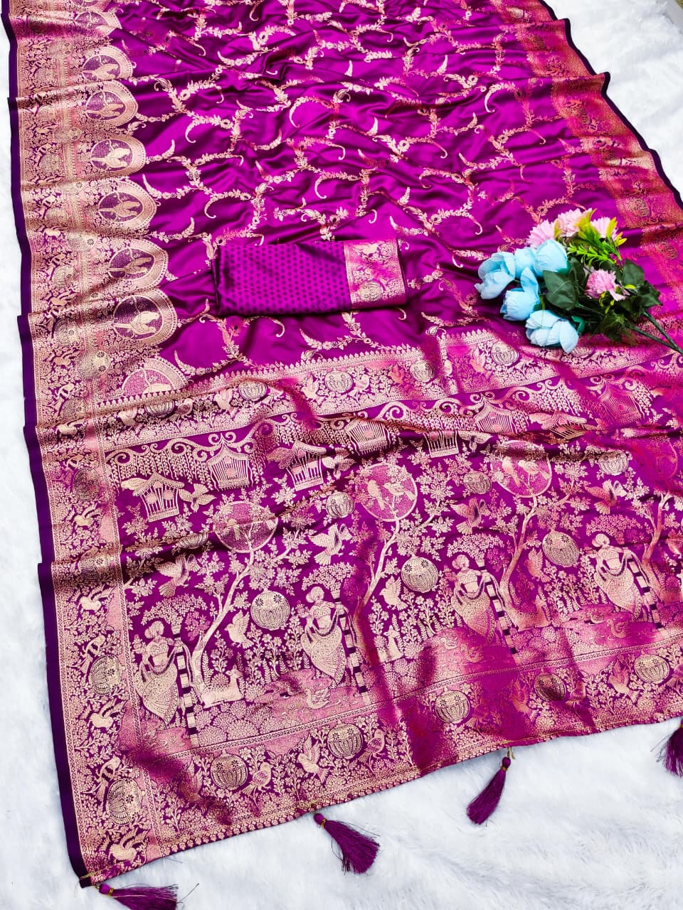 BEAUTIFUL SATIN SILK SAREE WITH RICH PALLU AND PATLI WORK SPECIAL FESTIVE CHIDIYA DESIGN