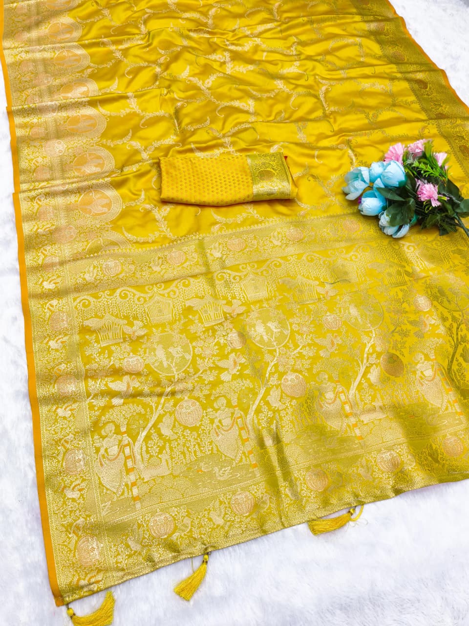 BEAUTIFUL SATIN SILK SAREE WITH RICH PALLU AND PATLI WORK SPECIAL FESTIVE CHIDIYA DESIGN
