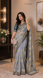 4 Colors FANCY PRINT SAREE WITH DMC SIROSKI WORK WITH BEAUTIFUL FIRMA BLOUSE