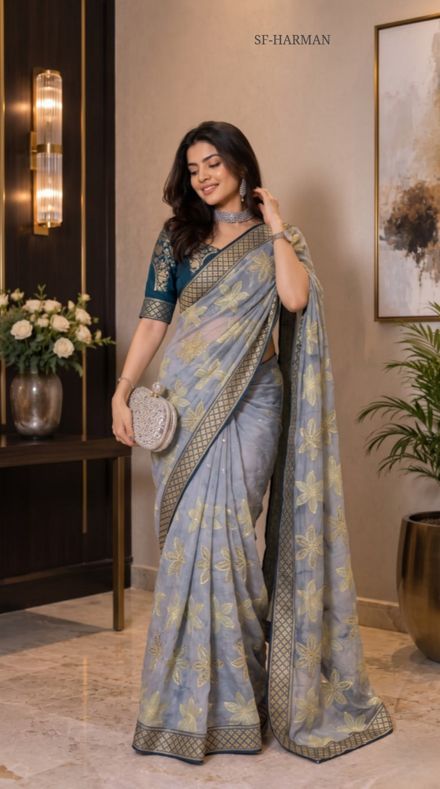 4 Colors FANCY PRINT SAREE WITH DMC SIROSKI WORK WITH BEAUTIFUL FIRMA BLOUSE