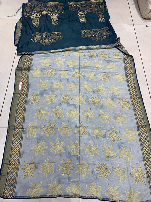 4 Colors FANCY PRINT SAREE WITH DMC SIROSKI WORK WITH BEAUTIFUL FIRMA BLOUSE