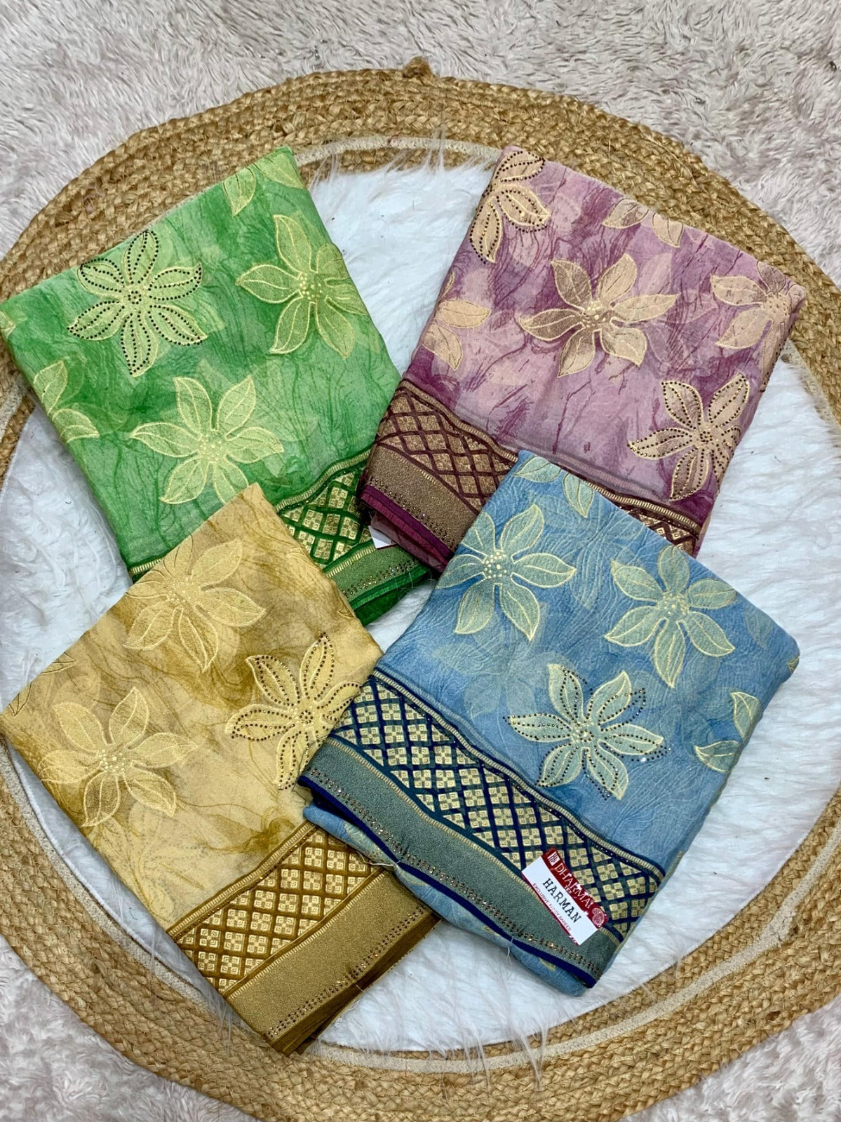 4 Colors FANCY PRINT SAREE WITH DMC SIROSKI WORK WITH BEAUTIFUL FIRMA BLOUSE